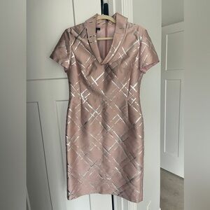 Escada Jacquard Pink Rosebud Metallic Silver Dress Short Sleeve